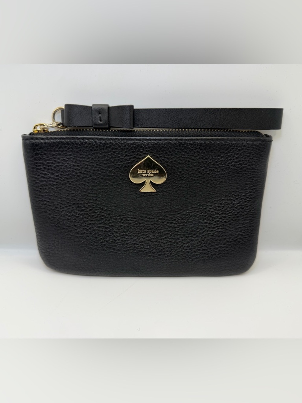 Kate Spade Black Leather Wristlet Bow Strap Gold Spade Logo  GUC